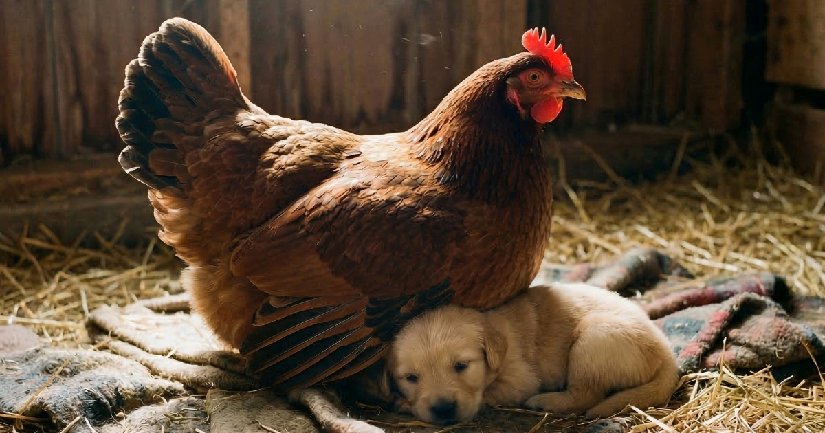 Kokoš "usvojila" novorođeno štene i grije ga pod svojim krilom