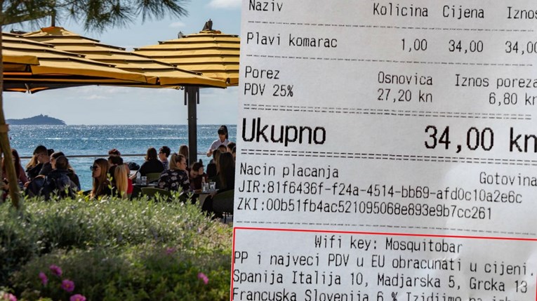 A receipt from a café in Kostrena with a message to everyone complaining about prices