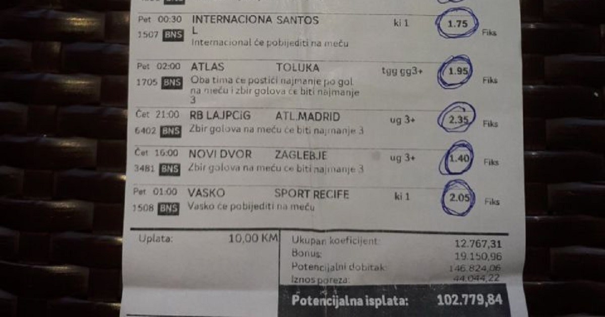 Pobjednički listić kladioničara iz BiH hit je u regiji. Pogledajte što je sve pogodio