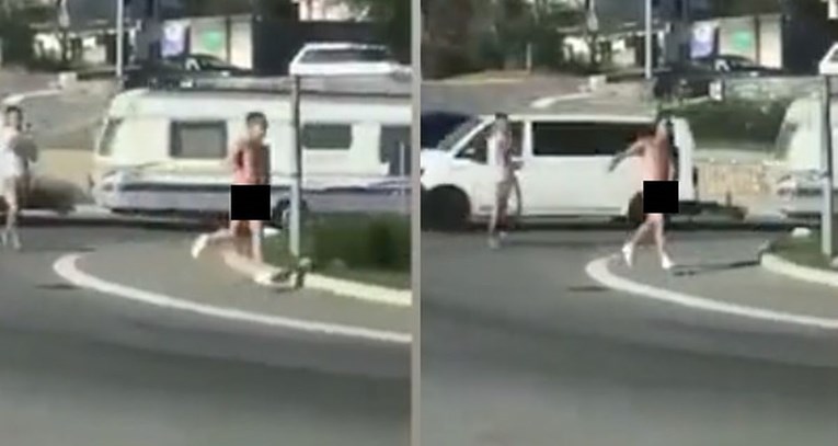 VIDEO Goli tip trčao oko kružnog toka u Senju, skoro ga udario auto (18+)