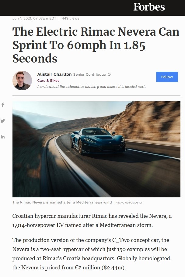 The Electric Rimac Nevera Can Sprint To 60mph In 1.85 Seconds