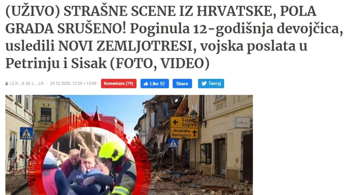 Mediji iz regije pišu o potresu u Hrvatskoj: "Strašne scene, pola grada je srušeno"