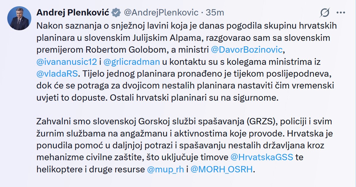 Hrvatska nudi pomoć Sloveniji nakon nestanka planinara