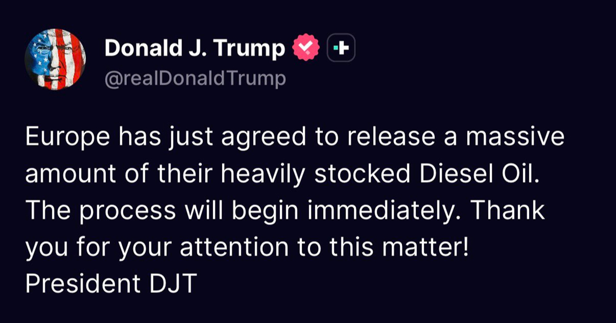 Trump: Europa upravo pristala odmah osloboditi goleme količine dizela