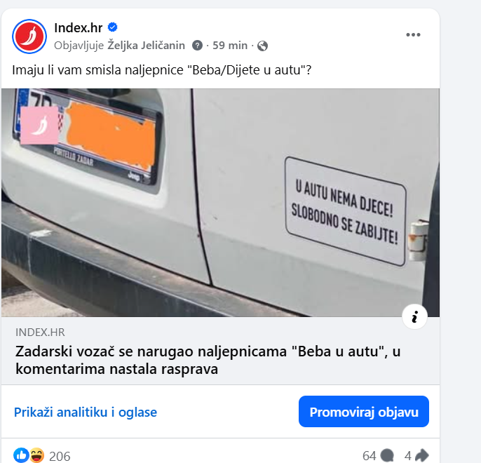 Zadarski vozač se narugao naljepnicama "Beba u autu", u komentarima nastala rasprava