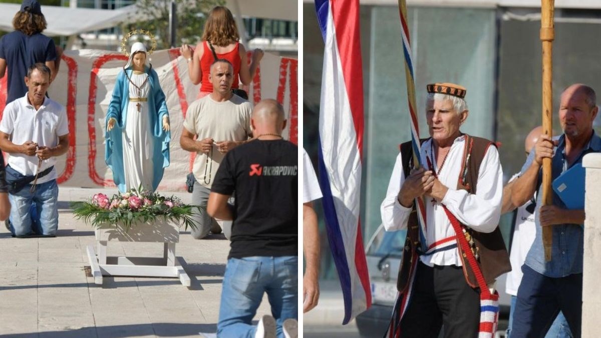 Klečali u Šibeniku, bio tip poznat po maskiranju u ženski organ. Došli prosvjednici