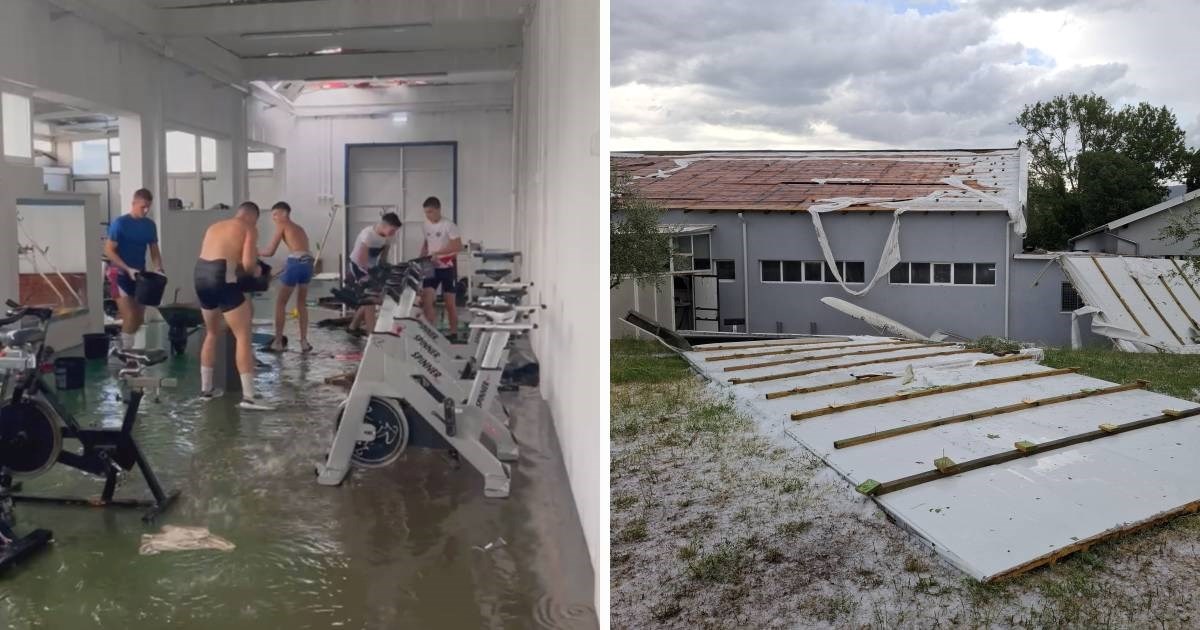 Mladići kantama izbacuju vodu. Ovo su posljedice nevremena u Veslačkom klubu Mornar