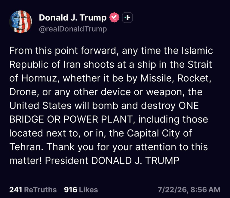 Trump: Od sada za svaki iranski napad na brod, uništavamo JEDAN MOST ILI ELEKTRANU
