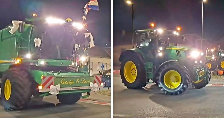 VIDEO Neobična svatovska povorka u Pitomači: Po mladenku došao kombajnom i traktorima