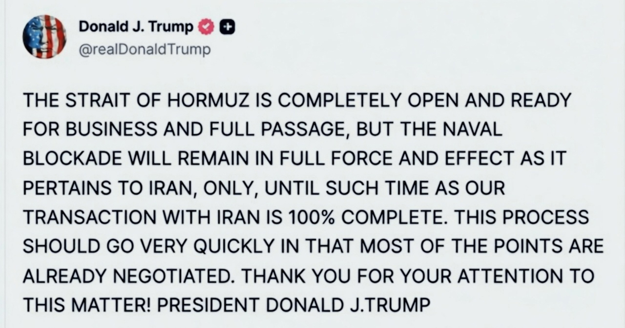 Trump: Hormuški tjesnac je otvoren, ali blokada Irana ostaje na snazi