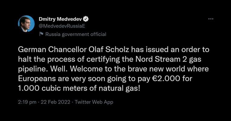 Medvedev o stopiranju Sjevernog toka: Europljani će sad plaćati ogromnu cijenu plina