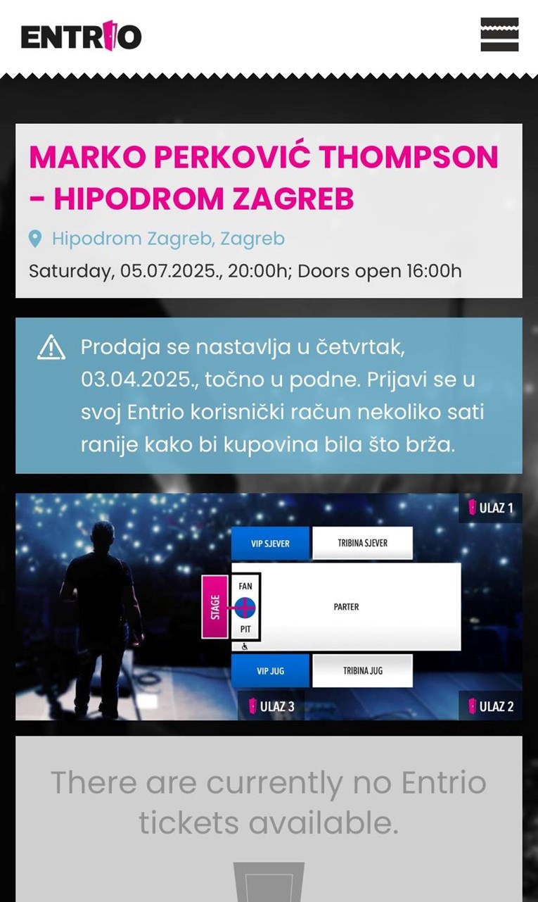 Na stranicama Entrija poruka za one koji sutra planiraju kupiti karte za Thompsona