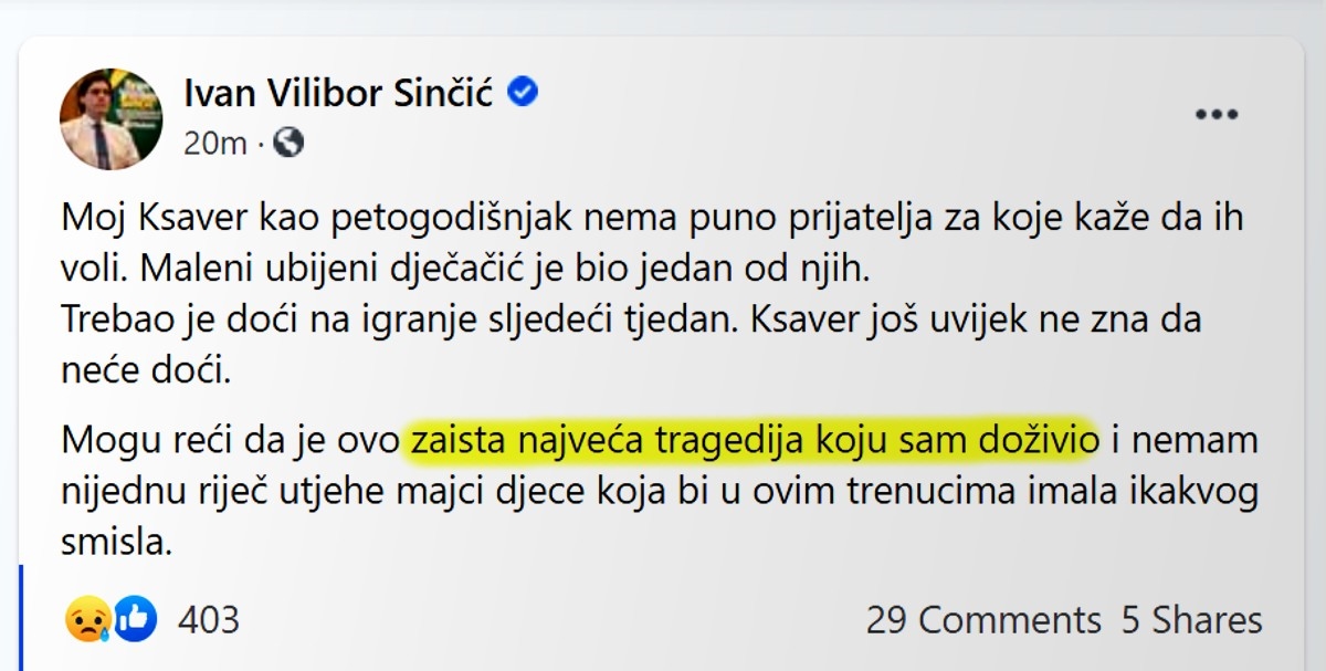 Sinčić o ubijenom dječaku: Moj Ksaver ga je volio, još ne zna da neće doći na igranje