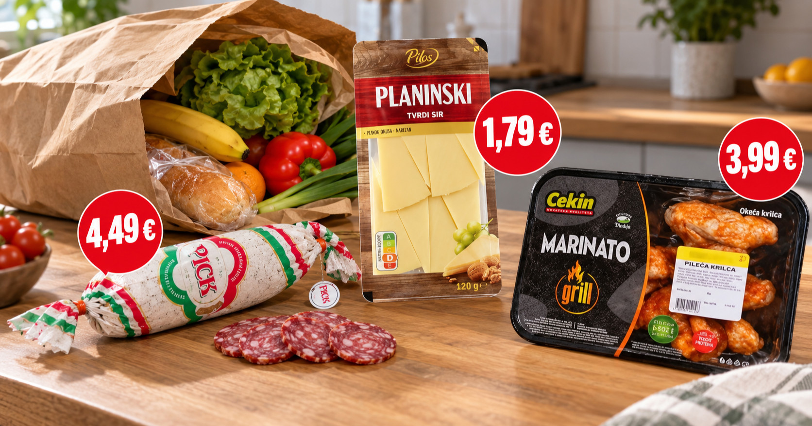 Najbolje cijene danas: Cekin pileća krilca 3,99 €, tvrdi sir samo 1,79 €