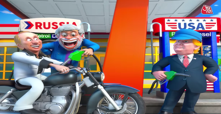 VIDEO Indijci emitirali crtić. Putin i Modi toče na ruskoj pumpi i kradu kapu Trumpu