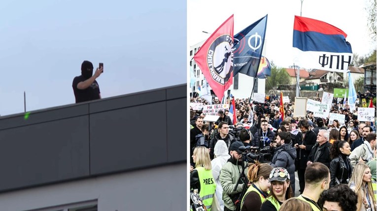Tisuće studenata došlo pred Vučićev Informer. Na krovu zgrade muškarci s fantomkama