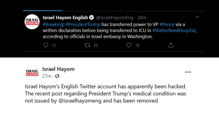 Izraelski list na Twitteru objavio da je Trump na intenzivnoj, kažu da su hakirani