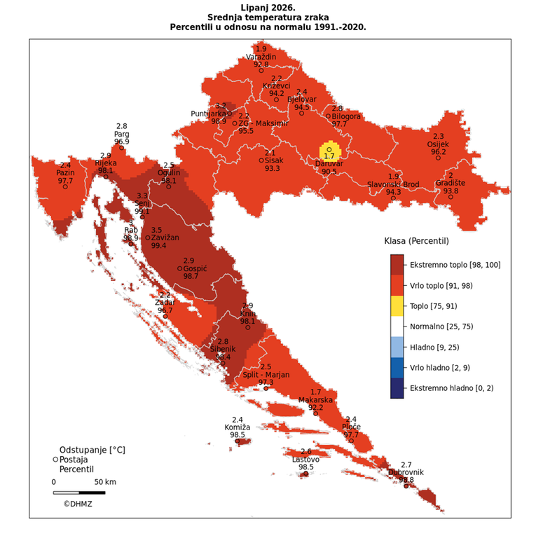 DHMZ objavio kartu temperaturnih odstupanja. Dio zemlje u tamno crvenoj boji