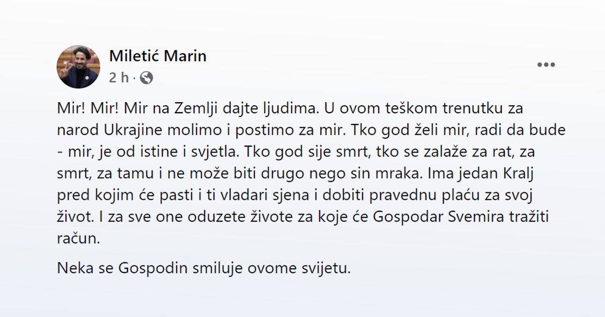 Miletić: Za narod Ukrajine molimo i postimo za mir