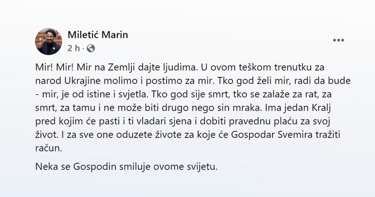 Miletić: Neka se Gospodin smiluje ovome svijetu