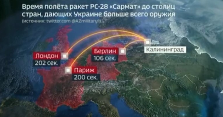 Ruska TV prikazivala koliko projektilu Sotona 2 treba do Londona i Berlina