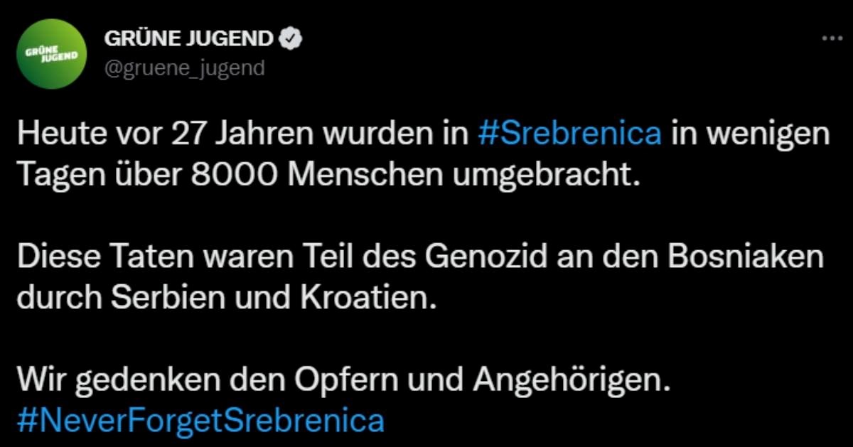 Mladež njemačkih Zelenih: Ispričavamo se, Hrvatska nije počinila genocid u Srebrenici