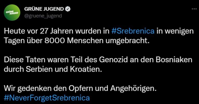Mladež njemačkih Zelenih: Ispričavamo se, Hrvatska nije počinila genocid u Srebrenici