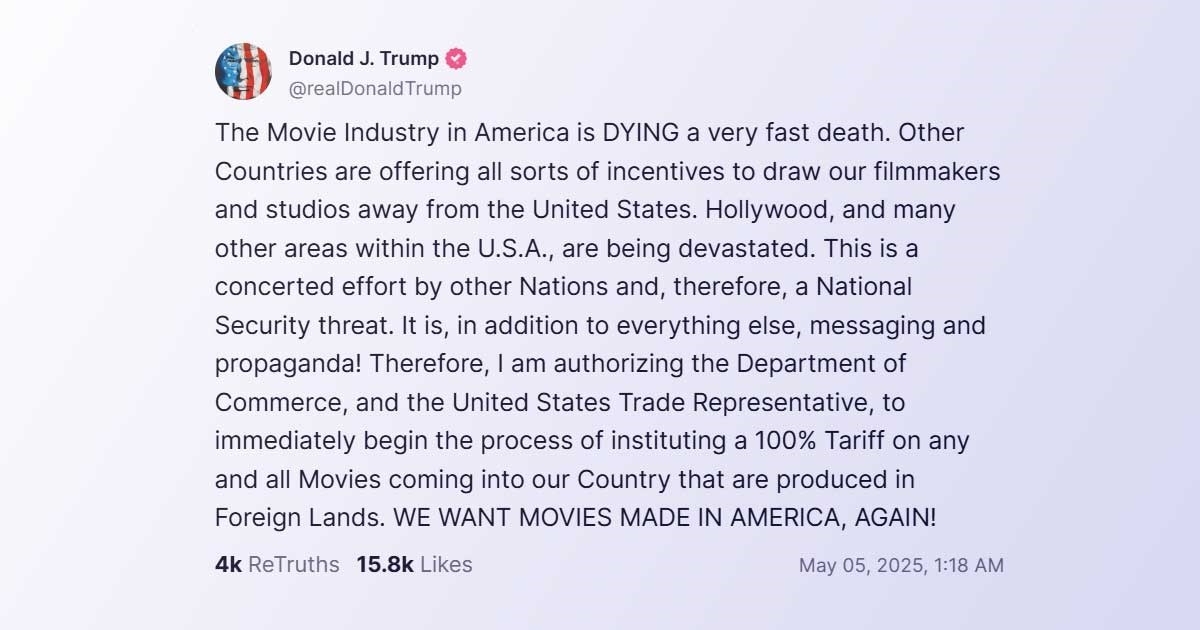 Trump: Svijet nam otima filmsku industriju, to je prijetnja sigurnosti