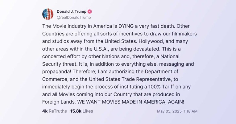 Trump: Svijet nam otima filmsku industriju, to je prijetnja sigurnosti