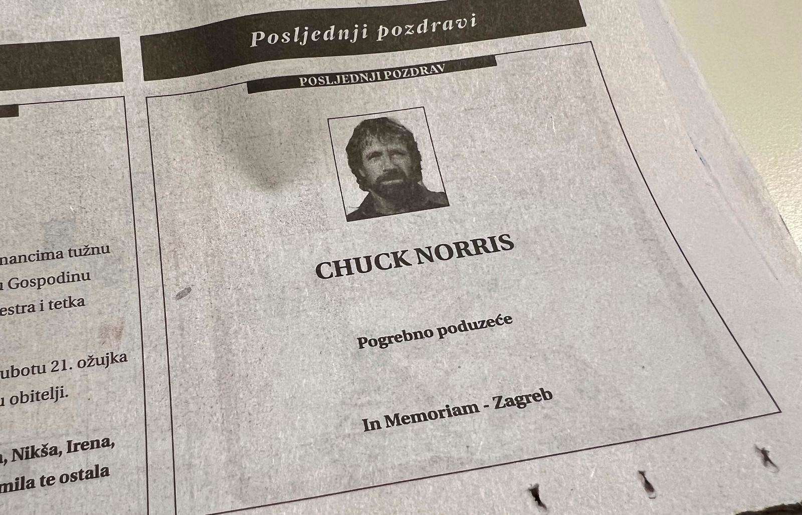 U hrvatskim novinama osvanula osmrtnica za Chucka Norrisa