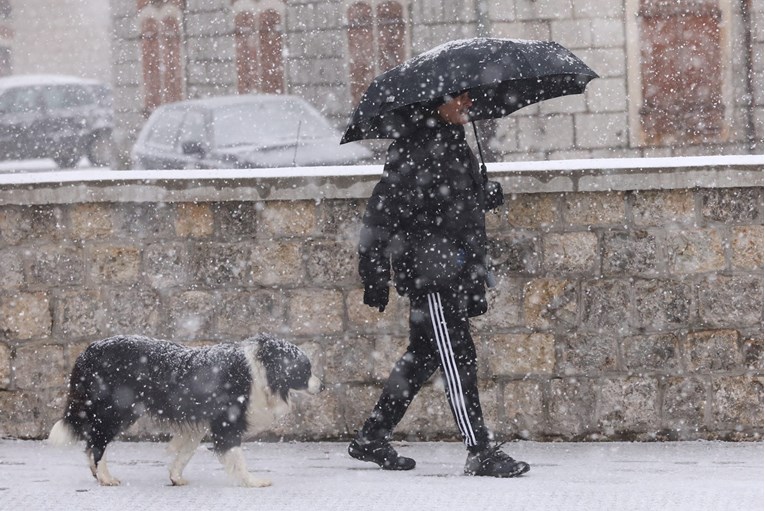 Ovog psa u Sinju ni snijeg nije spriječio da prošeta sa svojim vlasnikom