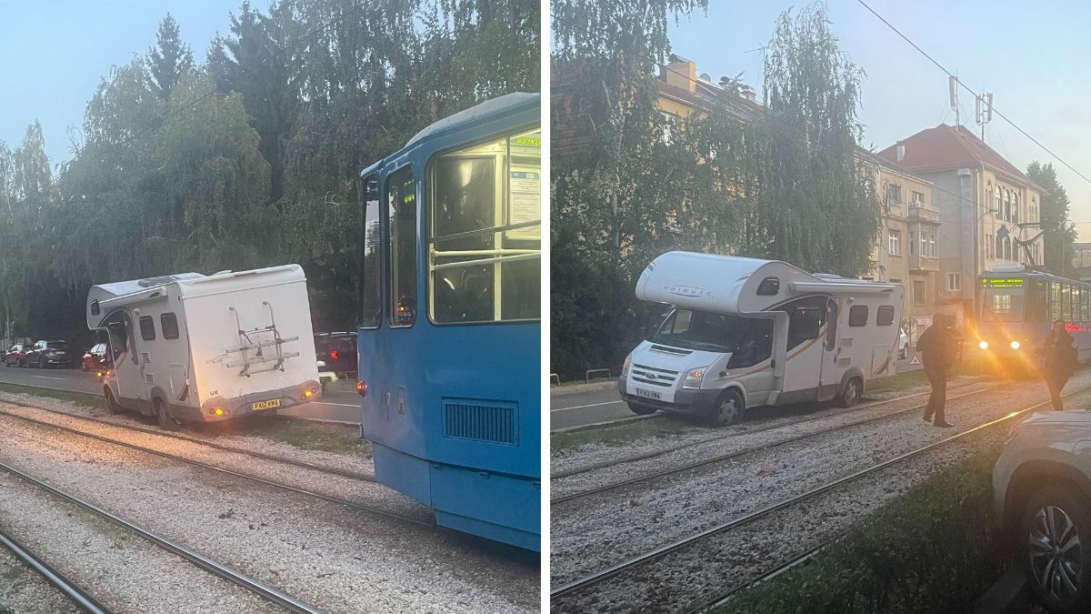FOTO Kamper s britanskim tablicama zaglavio na tramvajskoj pruzi u Zagrebu