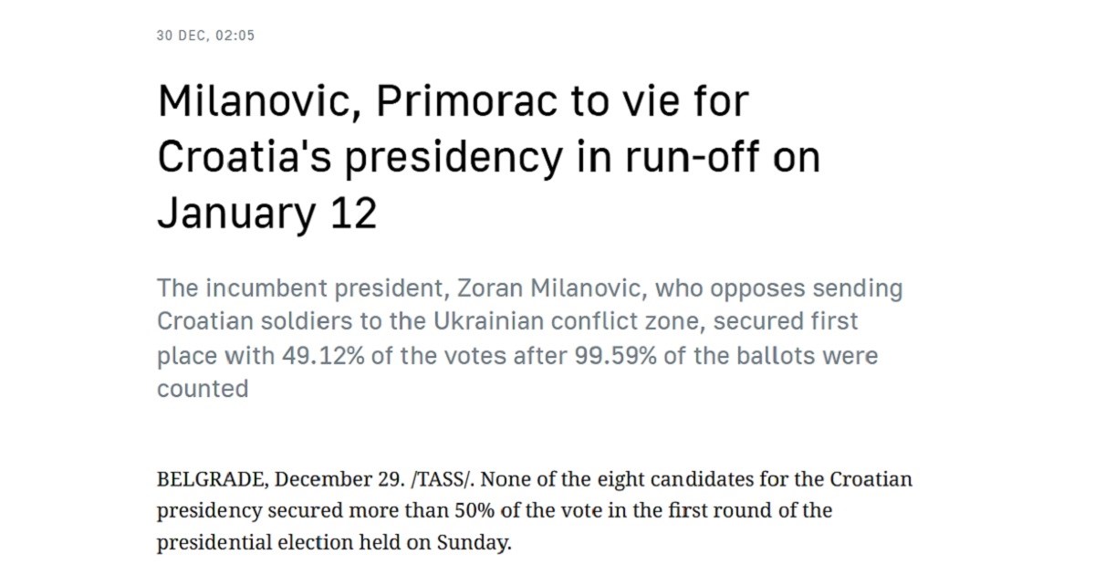Ruski TASS: U Hrvatskoj pobijedio kandidat koji ne želi slati vojnike u zonu sukoba