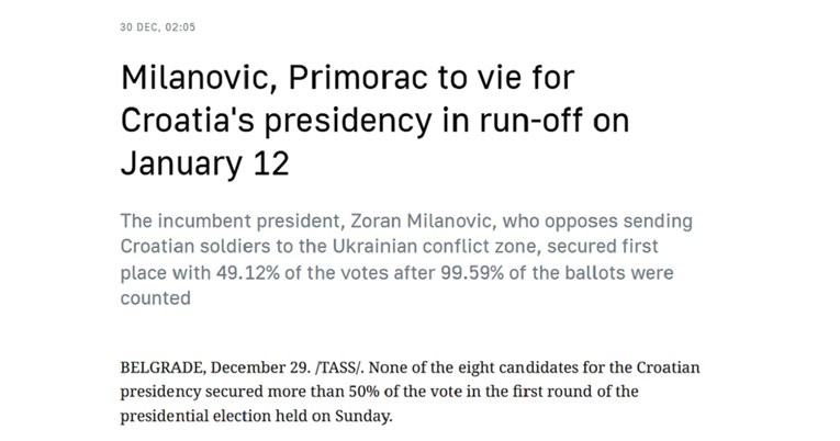 Ruski TASS: U Hrvatskoj pobijedio kandidat koji ne želi slati vojnike u zonu sukoba