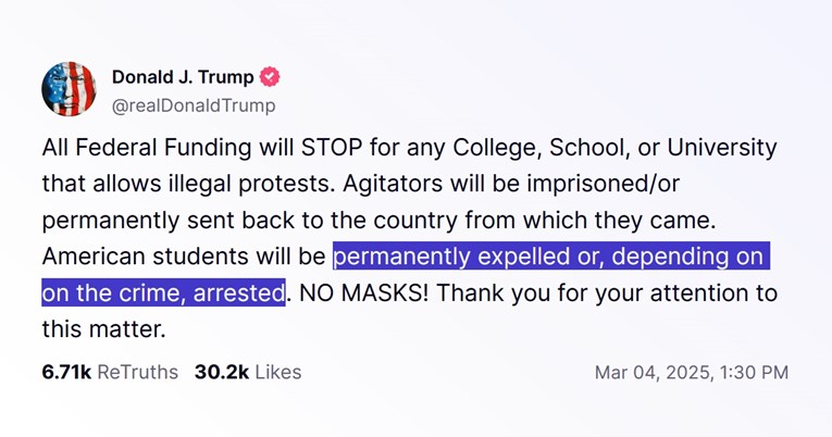 Trump: Studenti koji podržavaju ilegalne prosvjede bit će uhićeni ili izbačeni