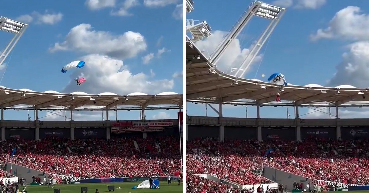 VIDEO Padobranac htio sletjeti na stadion. Zapeo je za krov i ostao visjeti