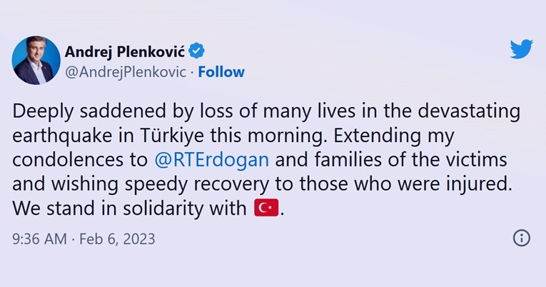 Plenković izrazio sućut zbog potresa u Turskoj