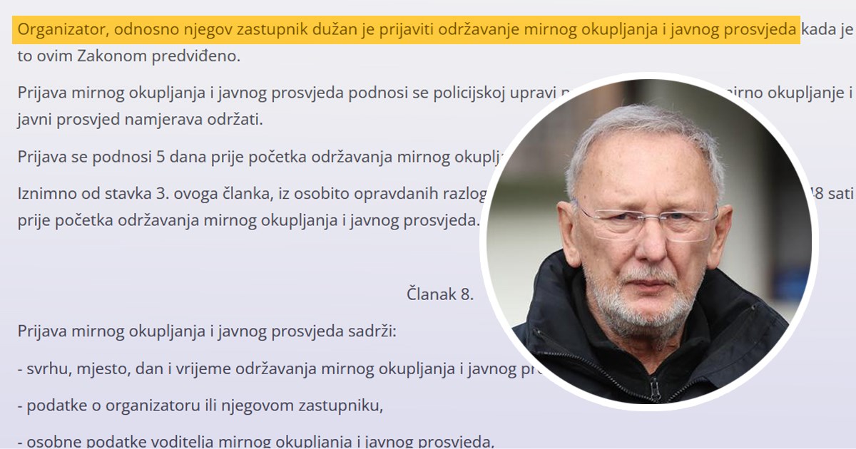 Božinović kaže da se prosvjed ne mora prijaviti. Zakon kaže da mora