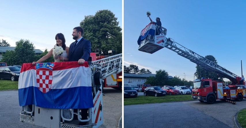 Hrvatski vatrogasac Ivan se oženio pa s mladenkom pozirao na vatrogasnom vozilu