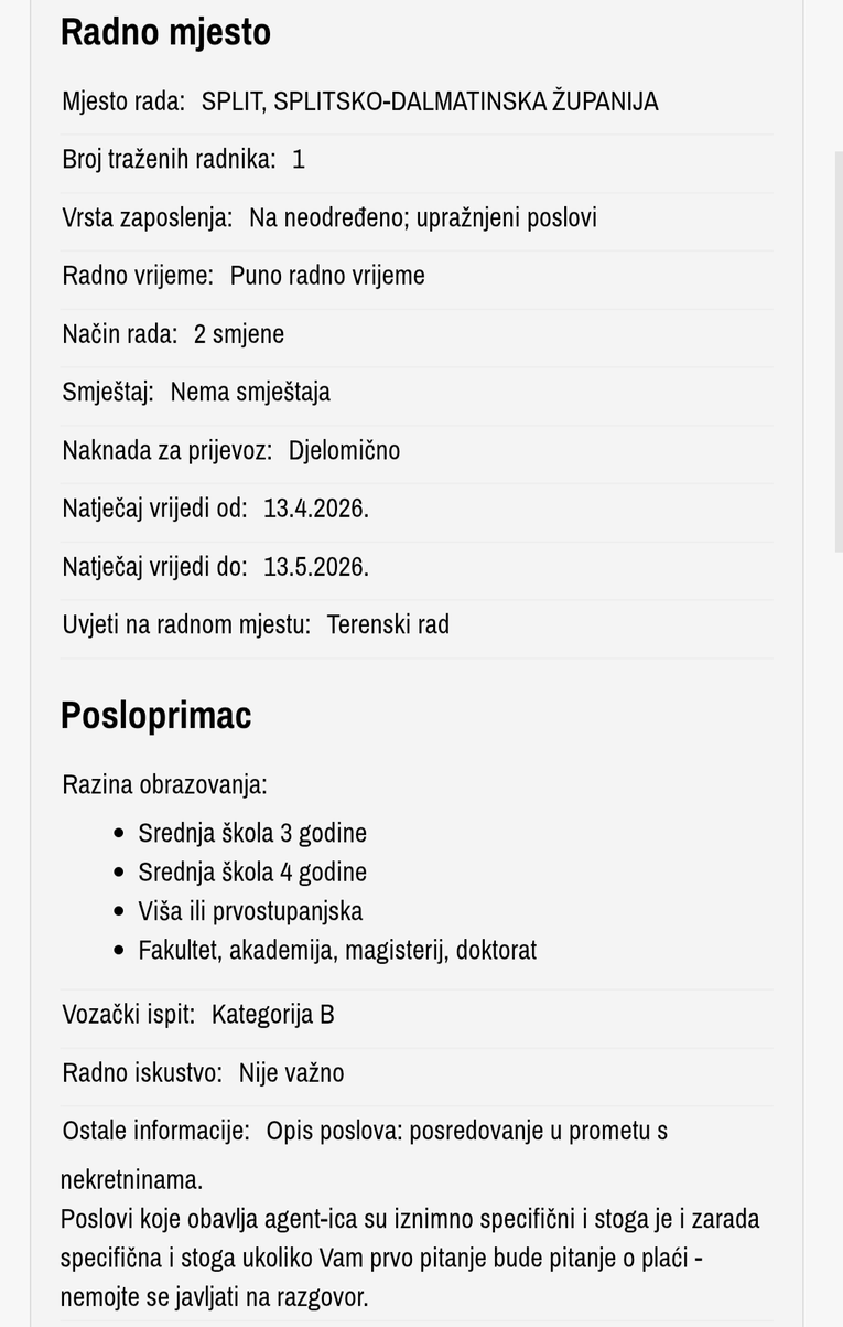 Oglas za posao iz Splita postao viralan: Poslodavac poručio da jedno pitanje ne želi ni čuti Oglas za posao iz Splita postao viralan: Poslodavac poručio da jedno pitanje ne želi ni čuti