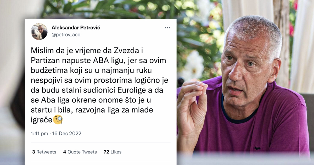 Aco Petrović: Vrijeme je da Crvena zvezda i Partizan napuste ABA ligu