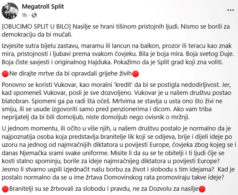 Splitska Fejs stranica zove na kontraprosvjed: "Kad spomeneš Vukovar, sve je dozvoljeno"