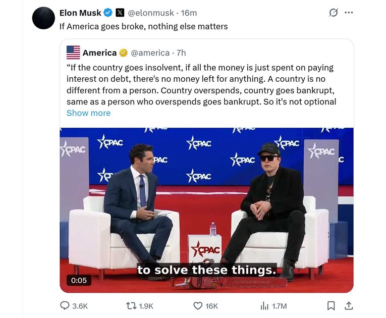 Musk: Ako Amerika bankrotira, ništa drugo neće biti važno