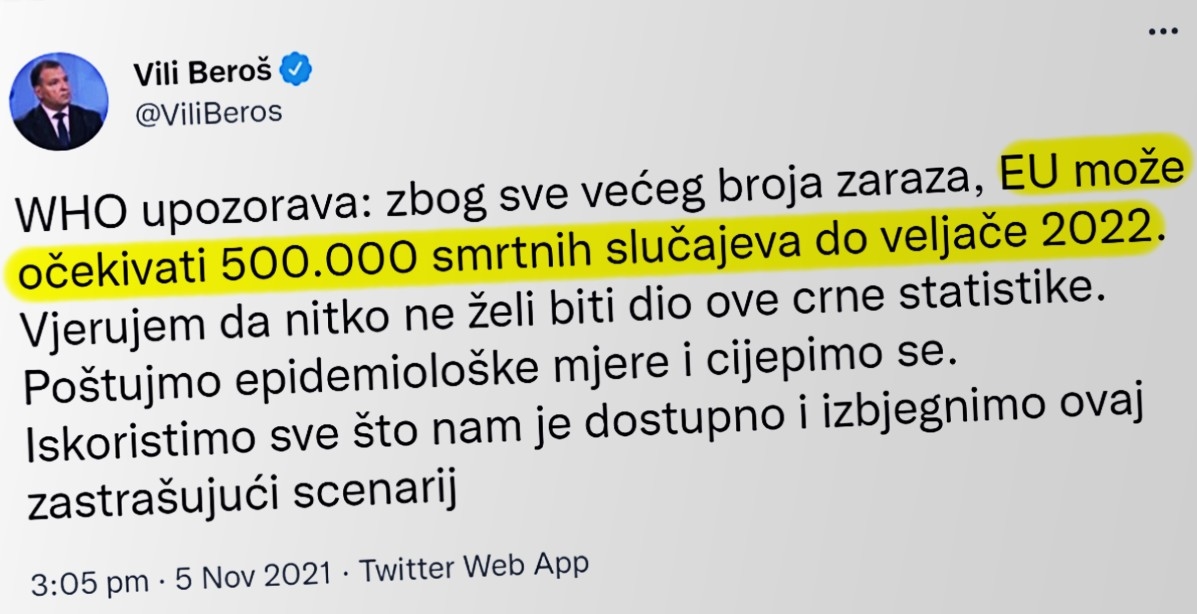 Beroš: EU prijeti 500.000 smrti do veljače 2022., izbjegnimo zastrašujući scenarij