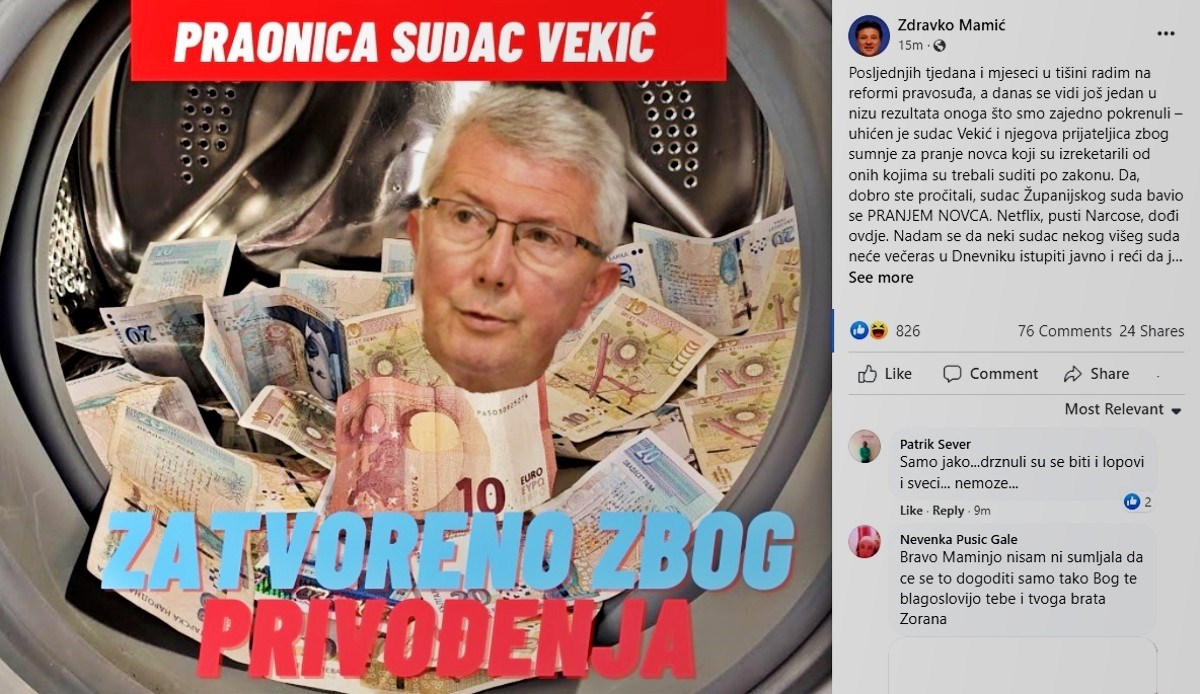 Javio se Mamić: U Vekićevoj praonici nisu se prale samo pare