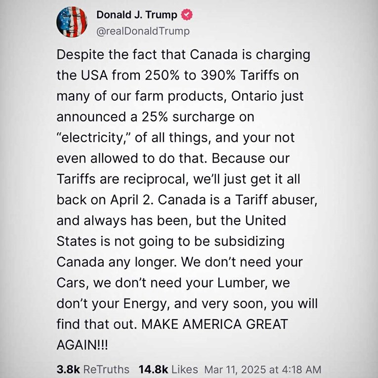 Trump Kanađanima: Ne trebamo vaše aute, drvo i energiju. Vrlo brzo ćete to saznati