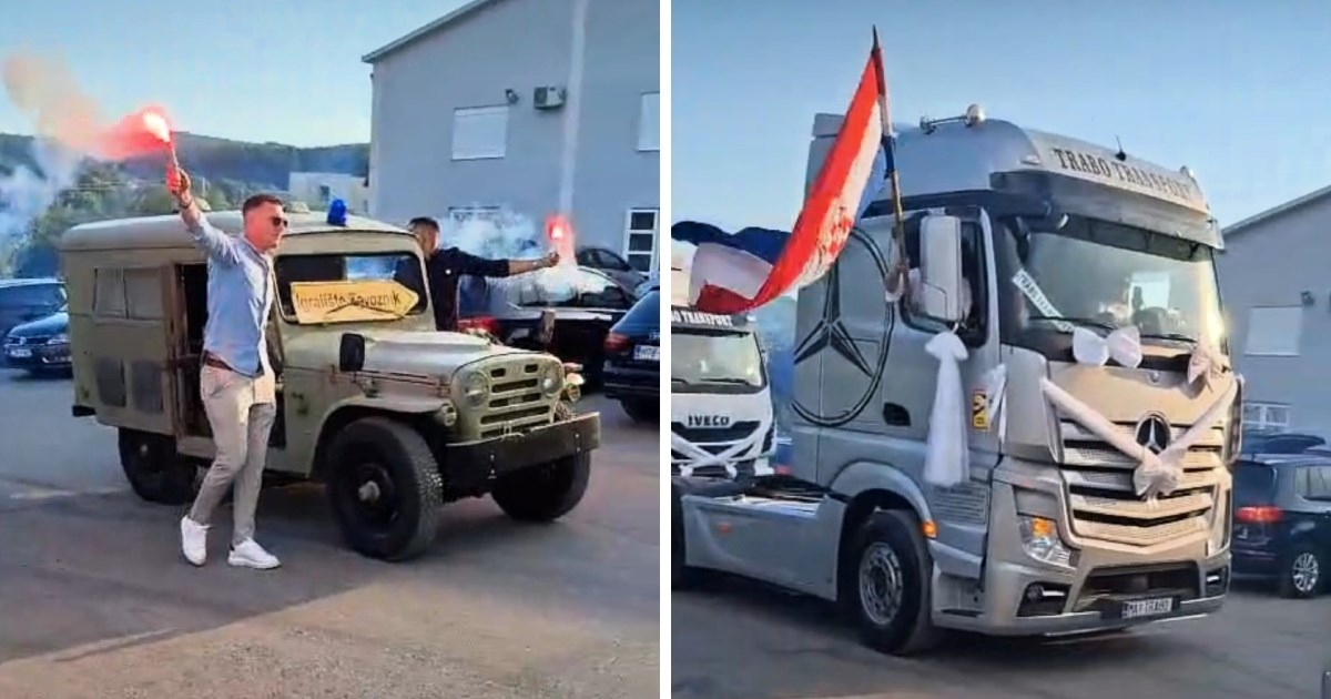 VIDEO Na čelu kolone vojno vozilo, a zatim kamion kojim mladoženja ide po mladu