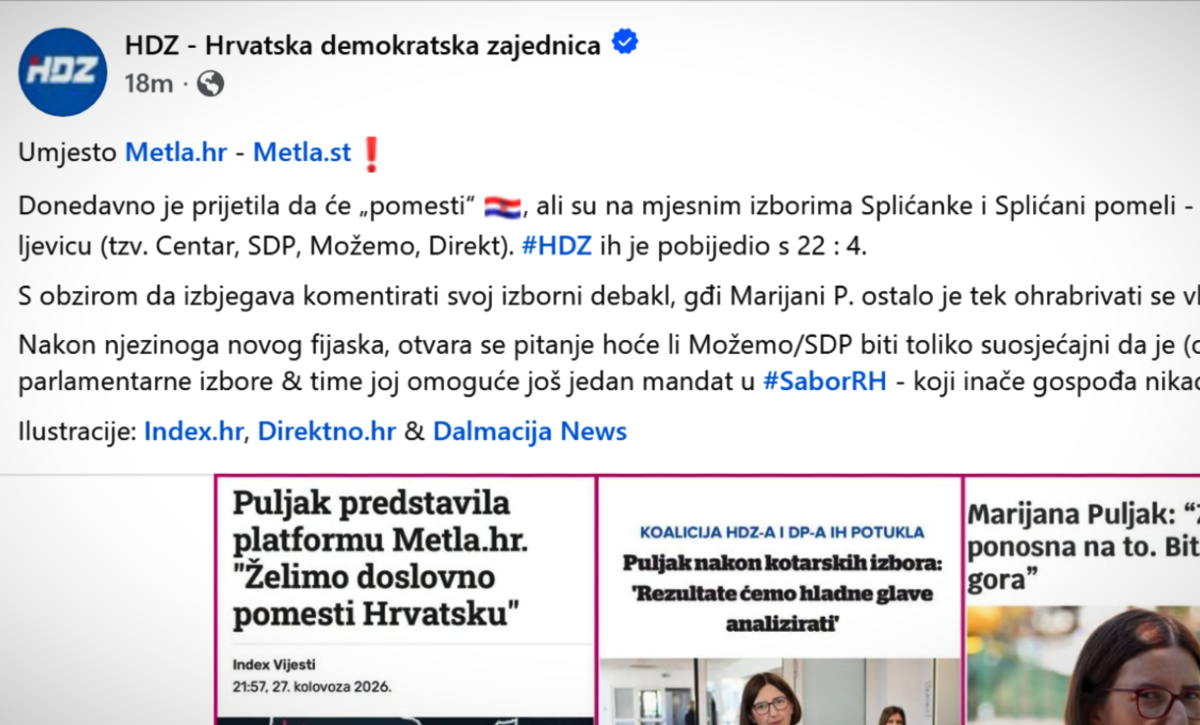 HDZ se ruga Marijani Puljak: "Umjesto Metla.hr - Metla.st"