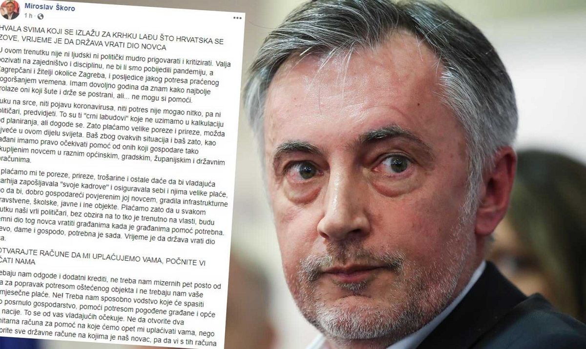 Škoro žestoko napao vladu zbog potresa i koronavirusa: "Ne mogu si pomoći"