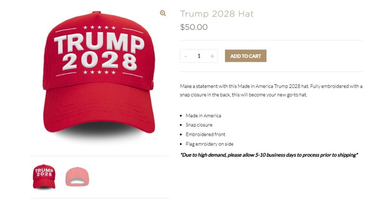 Trump govorio da želi treći mandat. Sad i službeno prodaje kapu "Trump 2028"